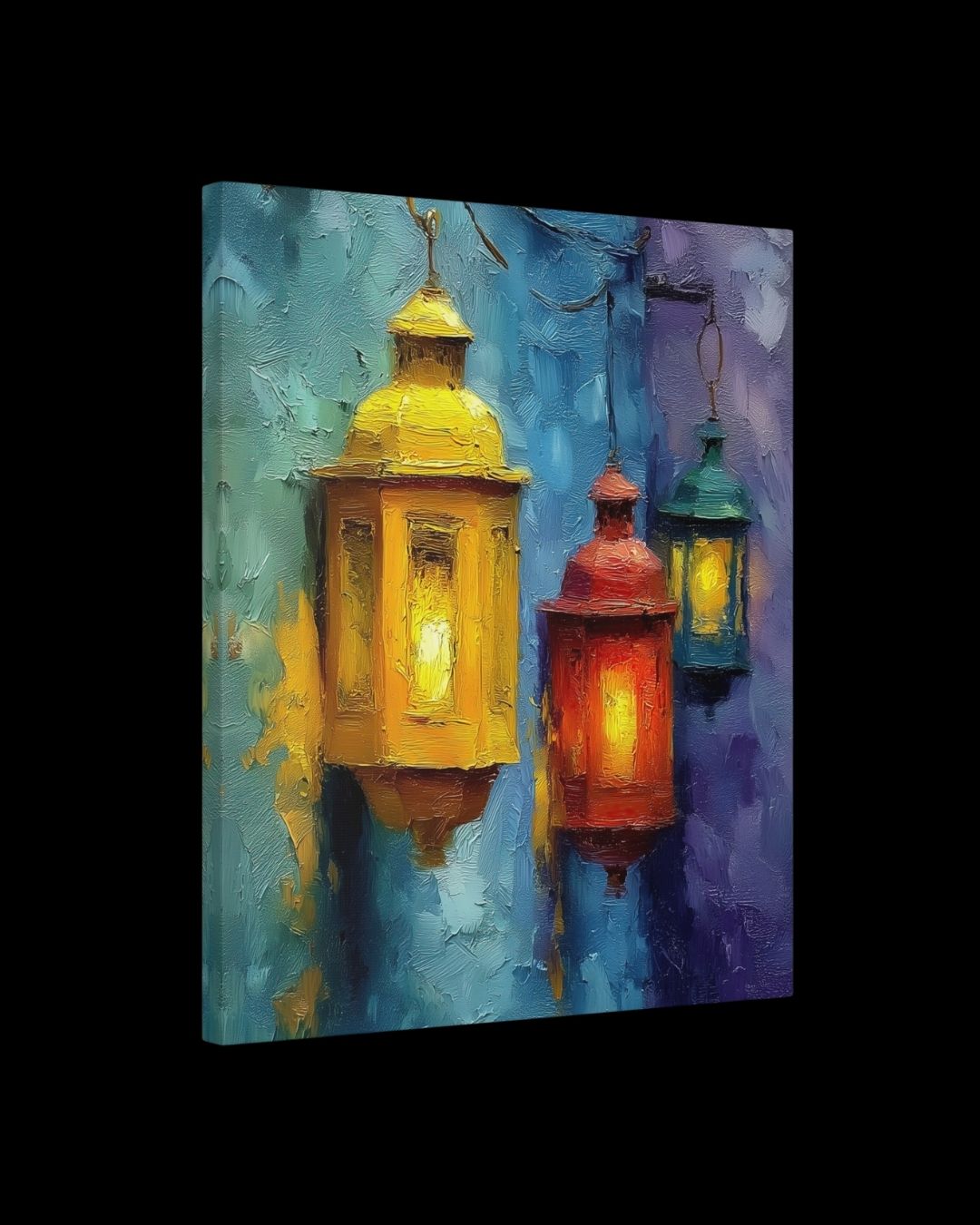 “Lantern Glow” - Painterly Texture, Colorful Lanterns Canvas Art Print