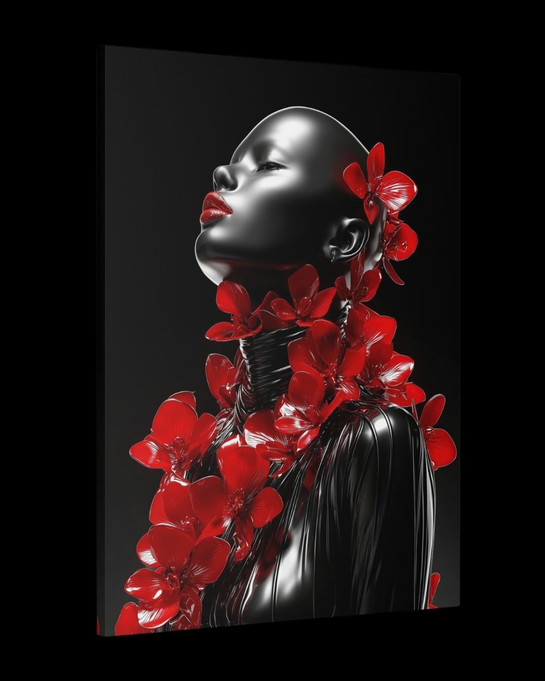 "Scarlet Bloom Icon" - Avant Garde Monochrome Fashion Canvas Wall Art Print