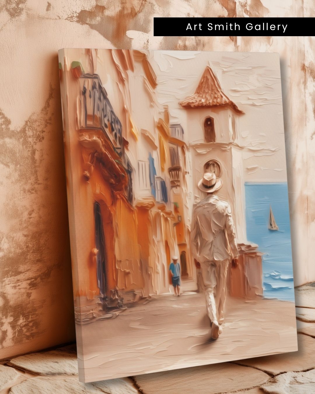 "Sunlit Stroll" - Beige Impasto Canvas Wall Art Print