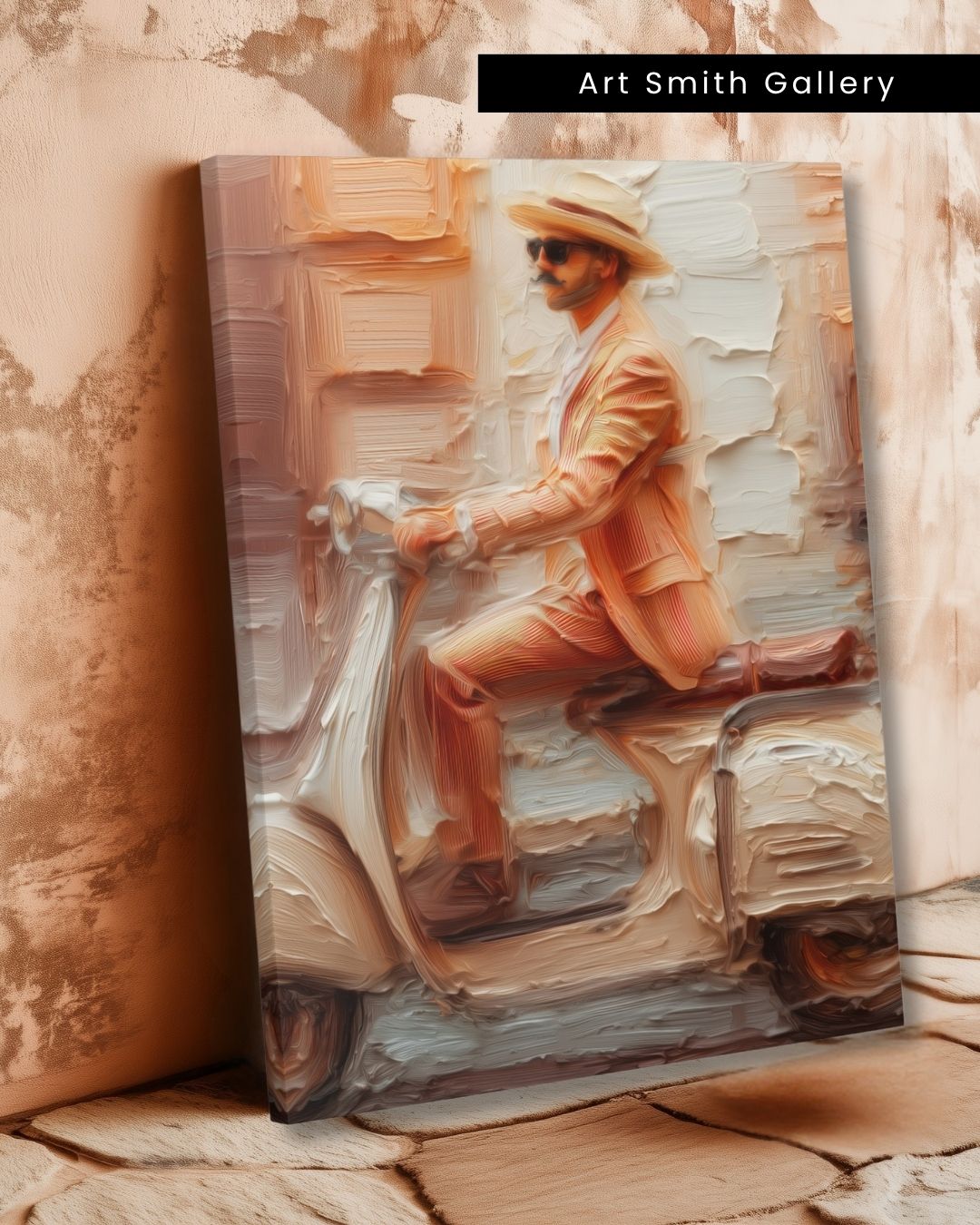 "Vespa Ride" - Beige Impasto Canvas Wall Art Print