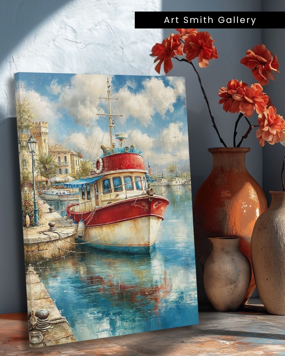 "Harbor in Stillness" - Mediterranean Fine Art Canvas Wall Art Print