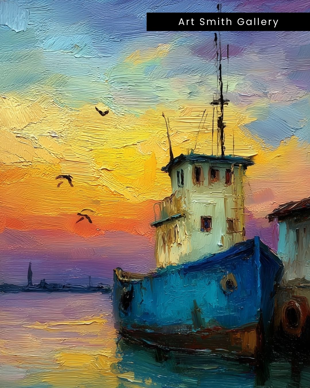 “Sunset Harbor” - Painterly Texture, Colorful Maritime Canvas Art Print