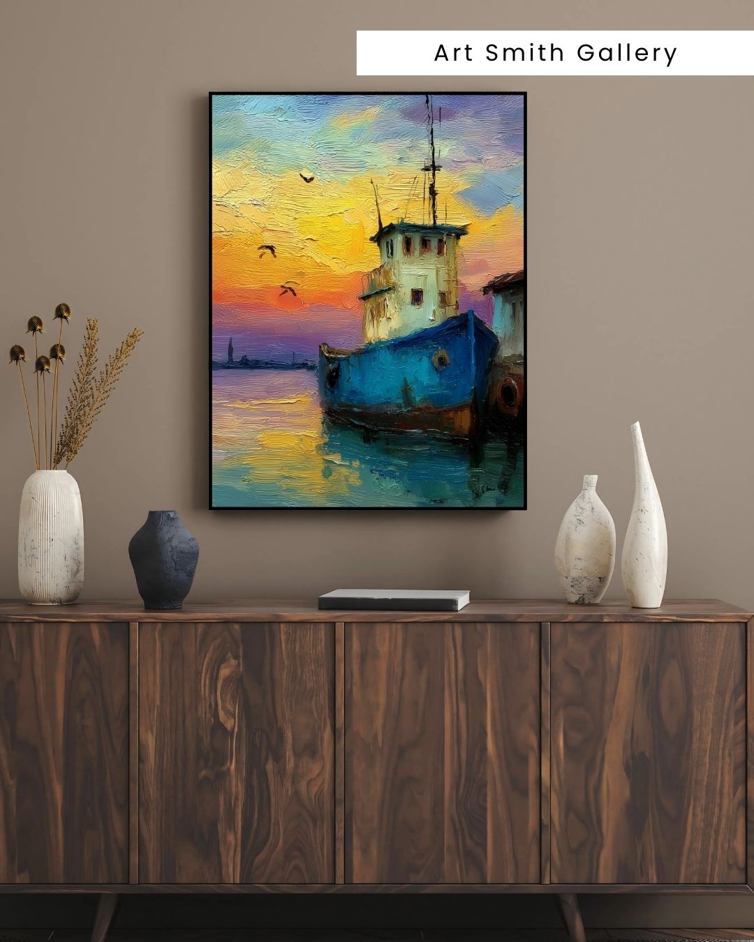 “Sunset Harbor” - Painterly Texture, Colorful Maritime Canvas Art Print