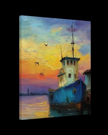 “Sunset Harbor” - Painterly Texture, Colorful Maritime Canvas Art Print