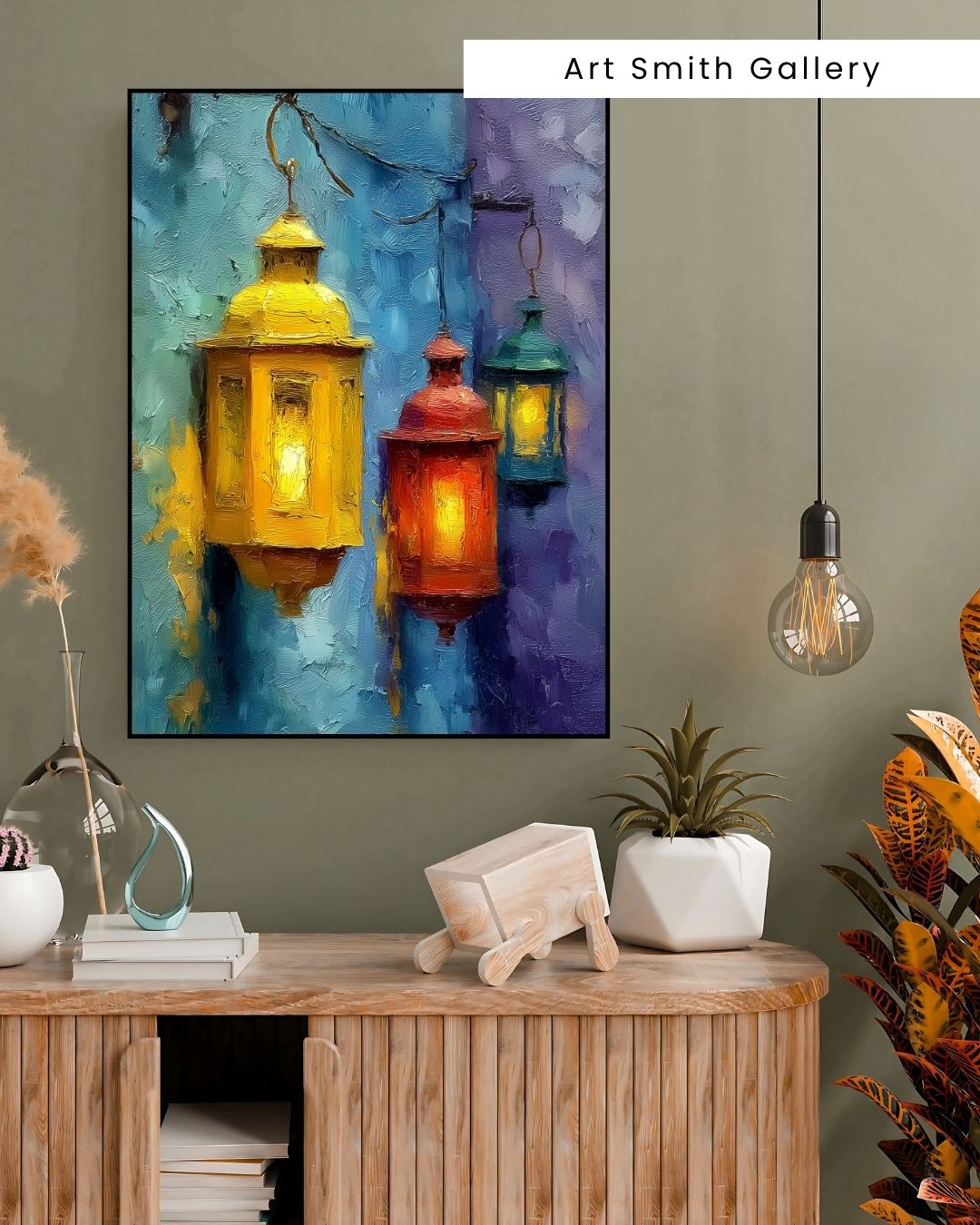 “Lantern Glow” - Painterly Texture, Colorful Lanterns Canvas Art Print