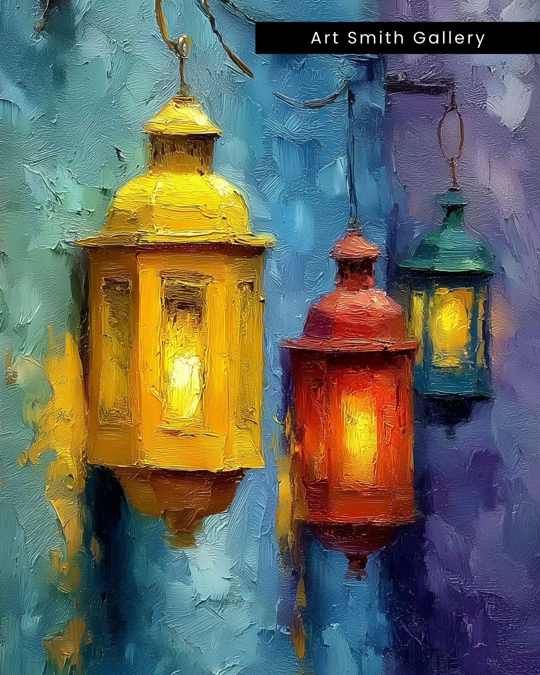 “Lantern Glow” - Painterly Texture, Colorful Lanterns Canvas Art Print