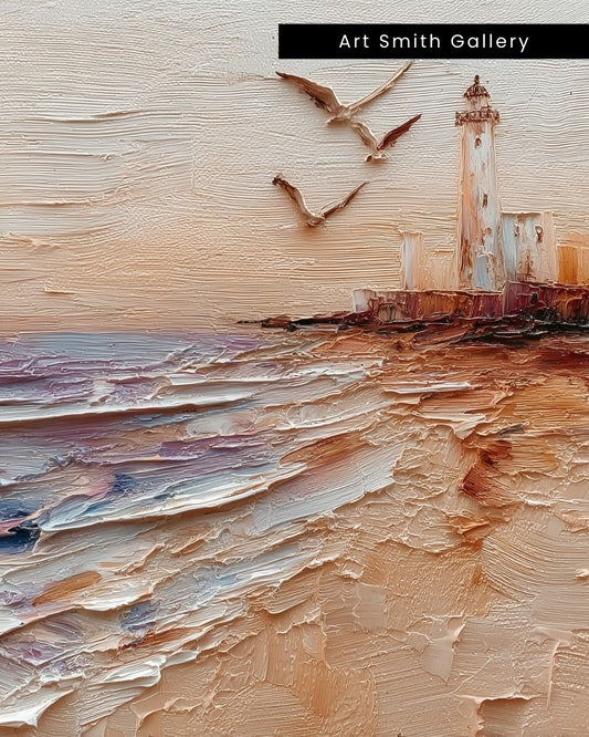 "Guided by the Sea" - Textured Coastal Lighthouse Canvas Wall Art Print