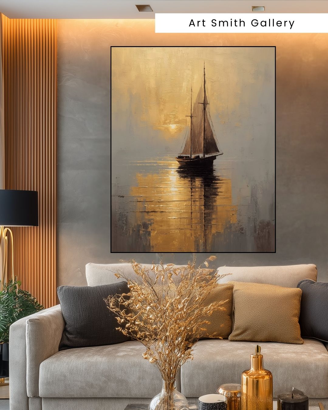 "Sails at Dusk" - Golden Sunset Sailboat Canvas Wall Art Print