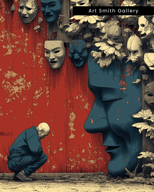"Masks of Reflection" - Dark Fantasy Japanese Canvas Wall Art Print