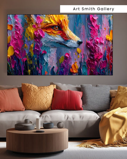 "Ember Gaze" - Vibrant Colorful Fox Canvas Wall Art Print