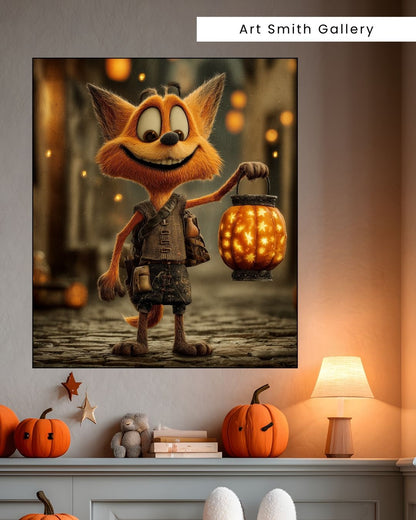 "Lantern Fox" - Halloween Whimsical Canvas Wall Art Print
