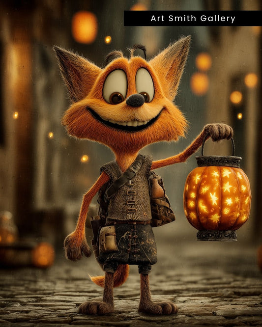 "Lantern Fox" - Halloween Whimsical Canvas Wall Art Print