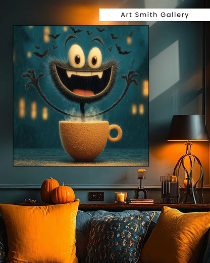 "Cup of Frights" - Halloween Whimsical Canvas Wall Art Print