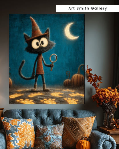 "Detective Whiskers" - Halloween Whimsical Canvas Wall Art Print