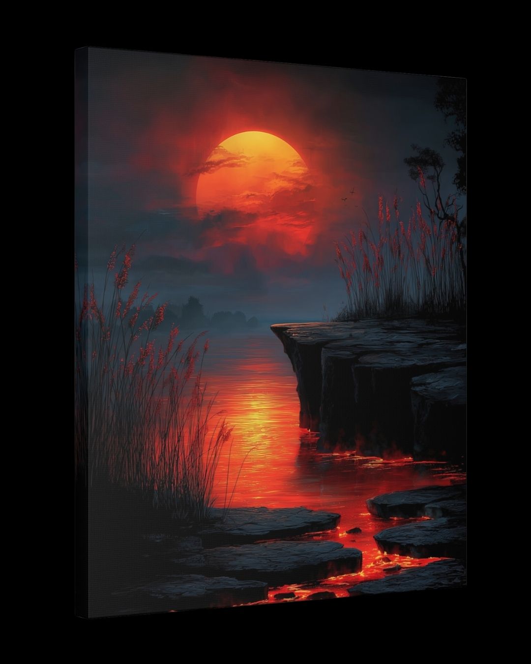 "Ember Tide Reverie" - Red Moon Landscape Canvas Wall Art Print