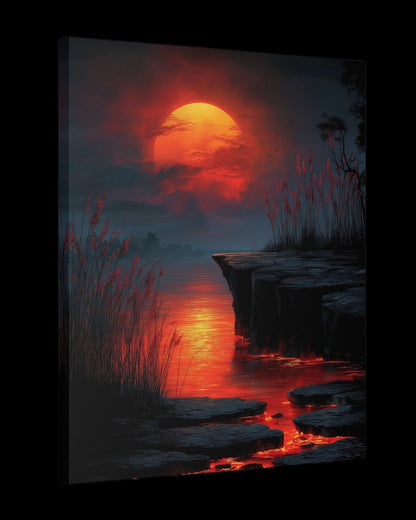 "Ember Tide Reverie" - Red Moon Landscape Canvas Wall Art Print
