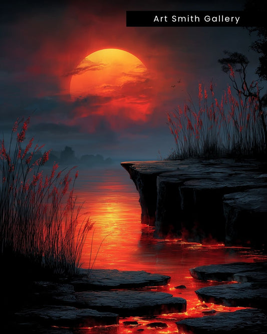 "Ember Tide Reverie" - Red Moon Landscape Canvas Wall Art Print