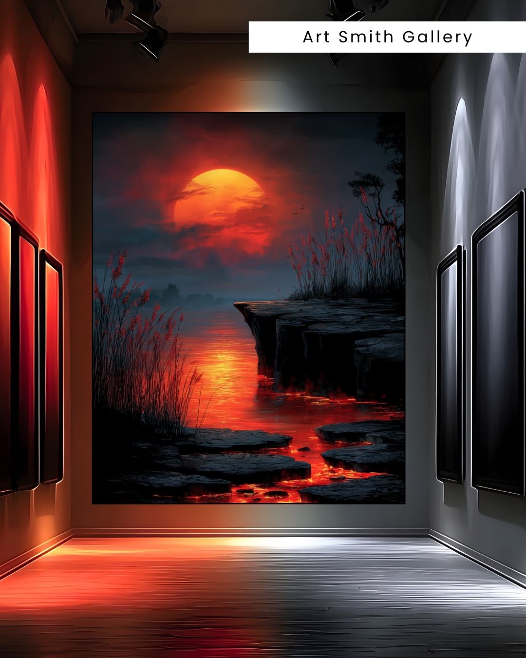 "Ember Tide Reverie" - Red Moon Landscape Canvas Wall Art Print