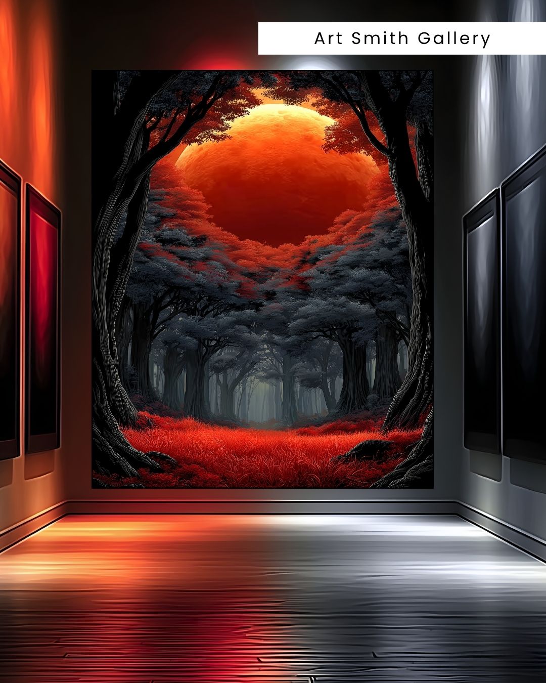 "Crimson Dusk Sanctuary" - Red Moon Landscape Canvas Wall Art Print