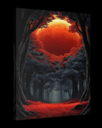 "Crimson Dusk Sanctuary" - Red Moon Landscape Canvas Wall Art Print