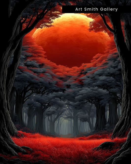 "Crimson Dusk Sanctuary" - Red Moon Landscape Canvas Wall Art Print