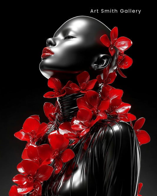 "Scarlet Bloom Icon" - Avant Garde Monochrome Fashion Canvas Wall Art Print