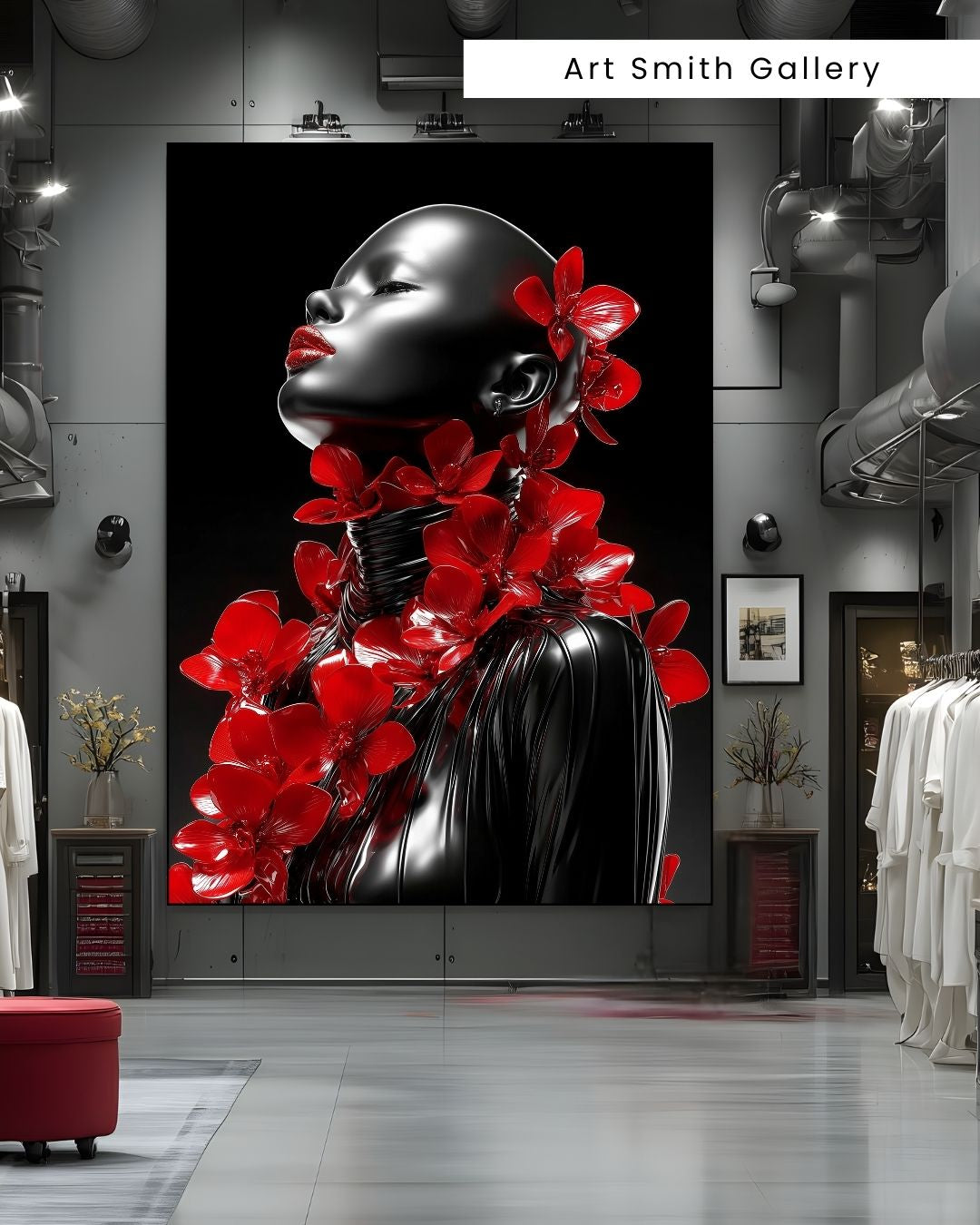 "Scarlet Bloom Icon" - Avant Garde Monochrome Fashion Canvas Wall Art Print