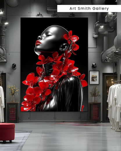"Scarlet Bloom Icon" - Avant Garde Monochrome Fashion Canvas Wall Art Print