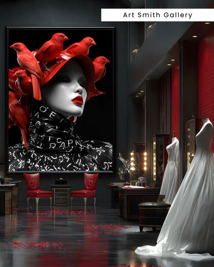 "Red Couture Reverie" - Avant Garde Monochrome Fashion Canvas Wall Art Print