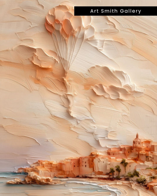 "Balloon DayDream" - Beige Impasto Canvas Wall Art Print
