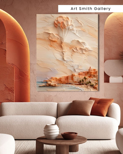 "Balloon DayDream" - Beige Impasto Canvas Wall Art Print