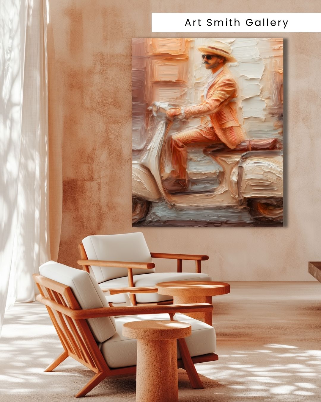 "Vespa Ride" - Beige Impasto Canvas Wall Art Print