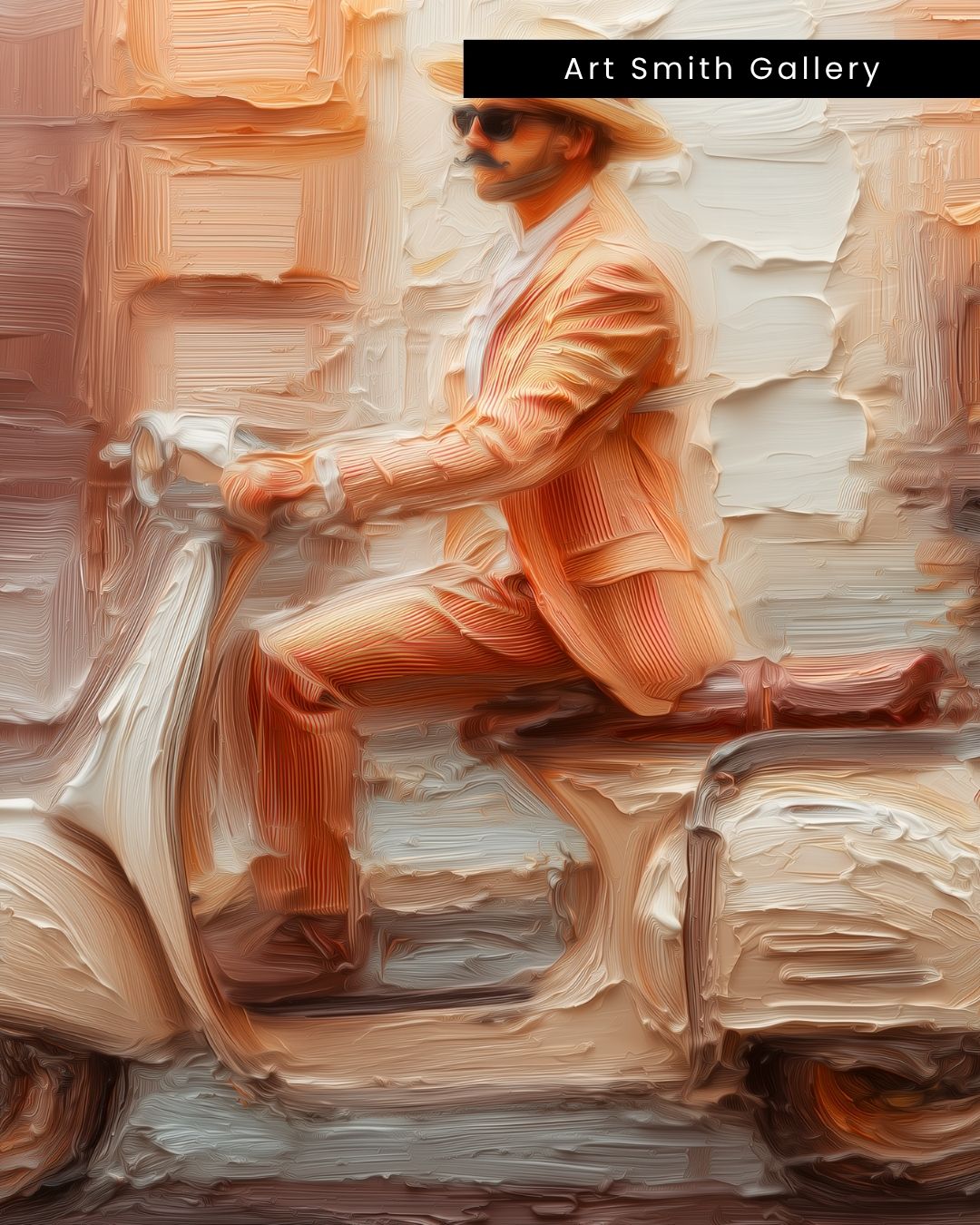 "Vespa Ride" - Beige Impasto Canvas Wall Art Print