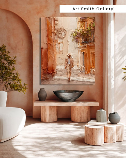 "Stylish Stroll" - Beige Impasto Canvas Wall Art Print
