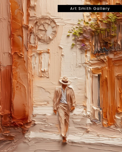 "Stylish Stroll" - Beige Impasto Canvas Wall Art Print