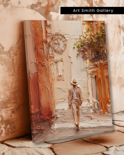 "Stylish Stroll" - Beige Impasto Canvas Wall Art Print