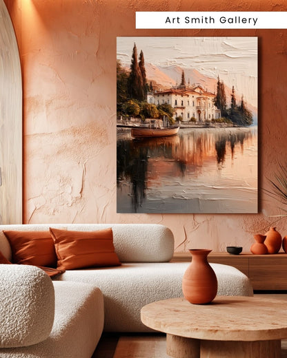 "Serene Reflections" - Beige Impasto Canvas Wall Art Print