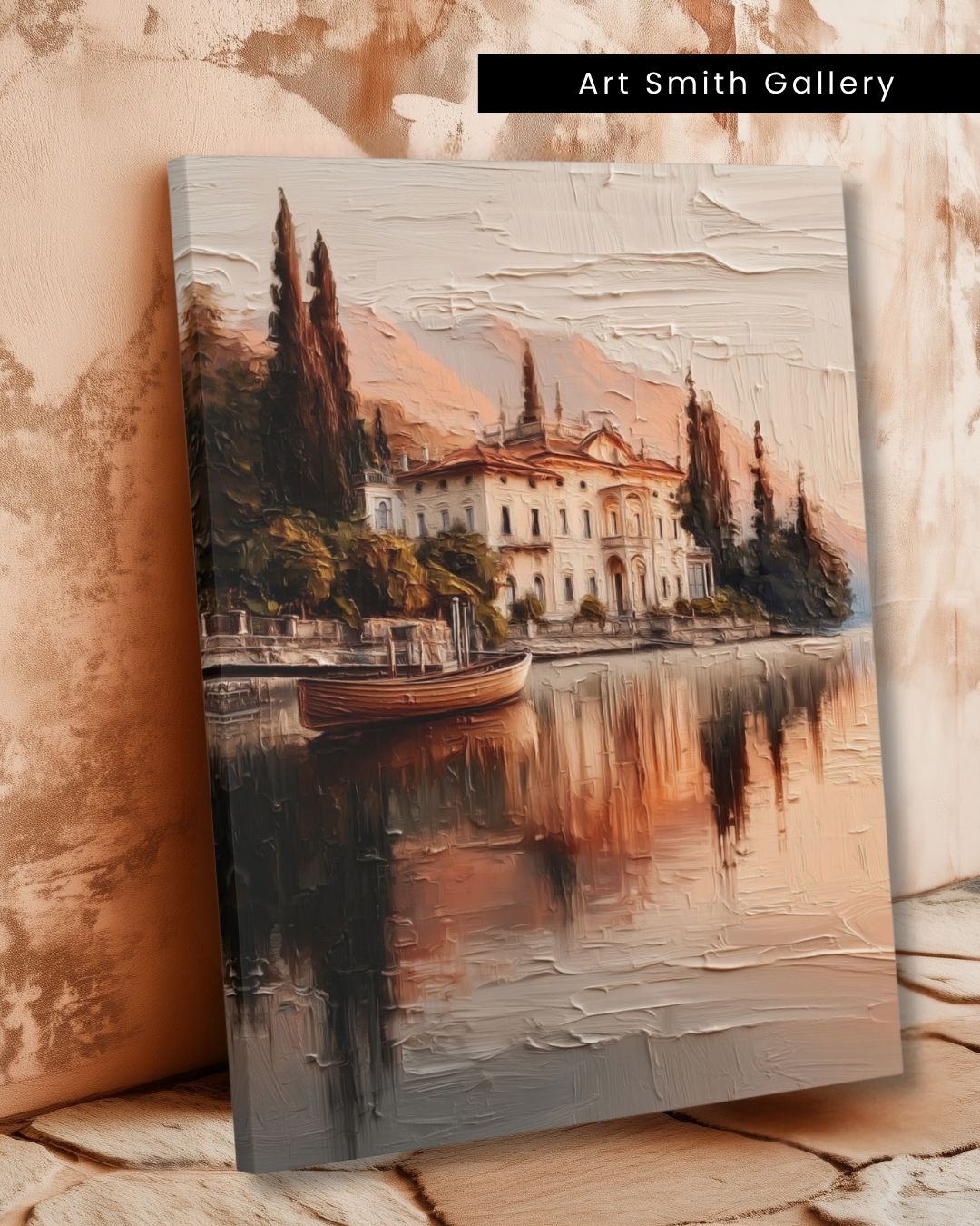 "Serene Reflections" - Beige Impasto Canvas Wall Art Print