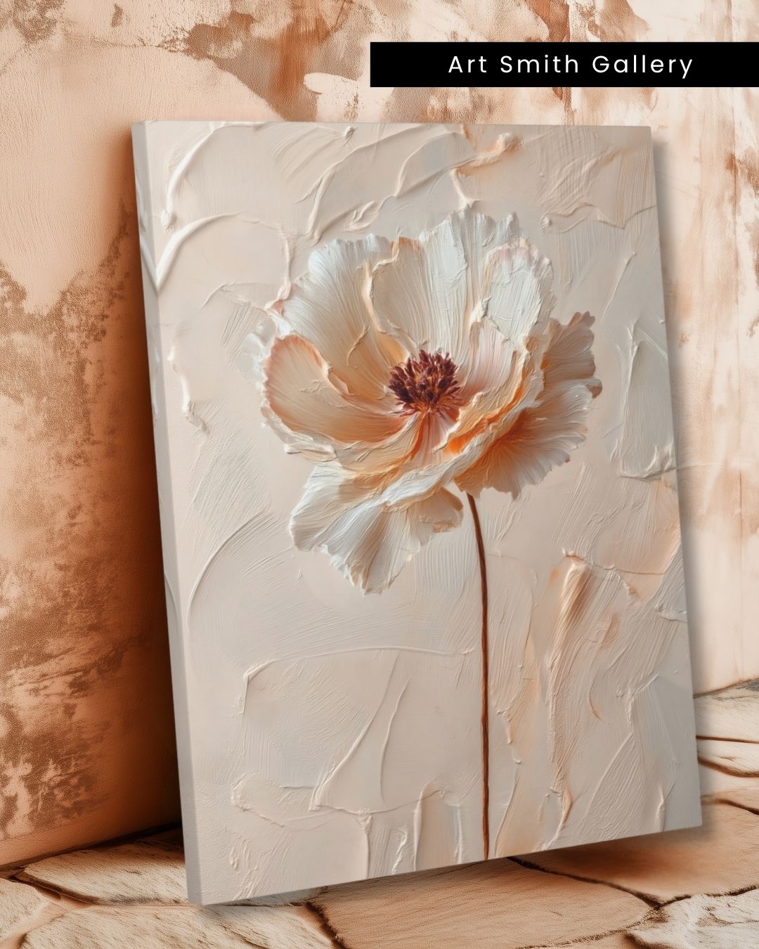 "Blush Bloom" - Beige Impasto Canvas Wall Art Print