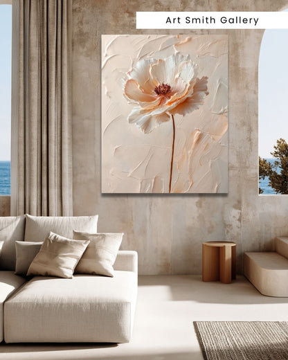 "Blush Bloom" - Beige Impasto Canvas Wall Art Print