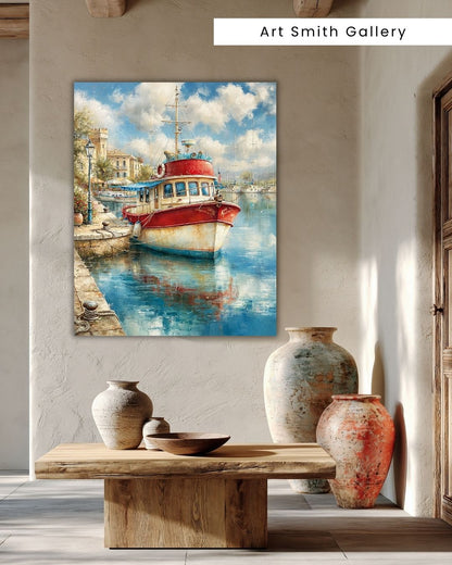 "Harbor in Stillness" - Mediterranean Fine Art Canvas Wall Art Print