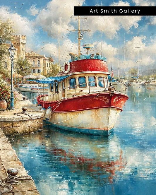 "Harbor in Stillness" - Mediterranean Fine Art Canvas Wall Art Print